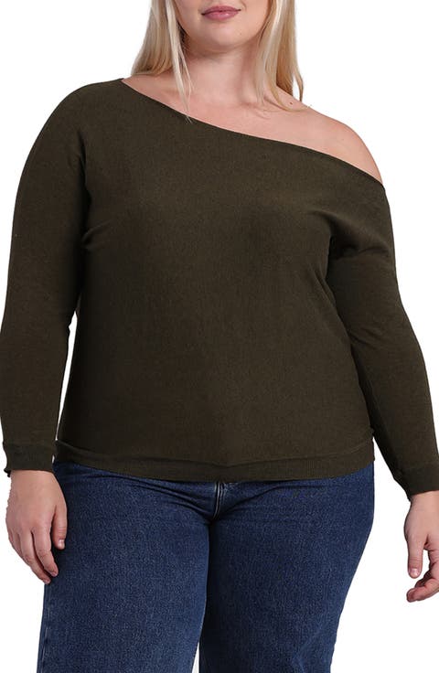 One-Shoulder Cotton & Cashmere Sweater (Plus)