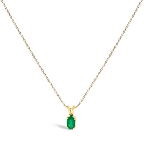 14K Yellow Gold Oval Green Emerald Solitaire Pendant Necklace