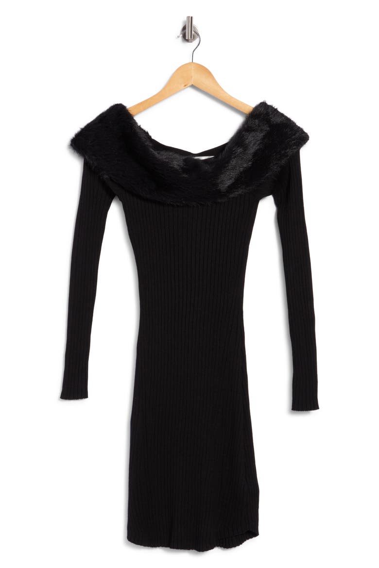 Faux Fur Trim Off the Shoulder Ribbed Minidress, Main, color, BLACK