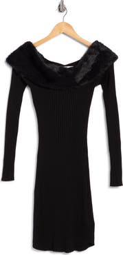 Madden Girl Faux Fur Trim Off the Shoulder Ribbed Minidress