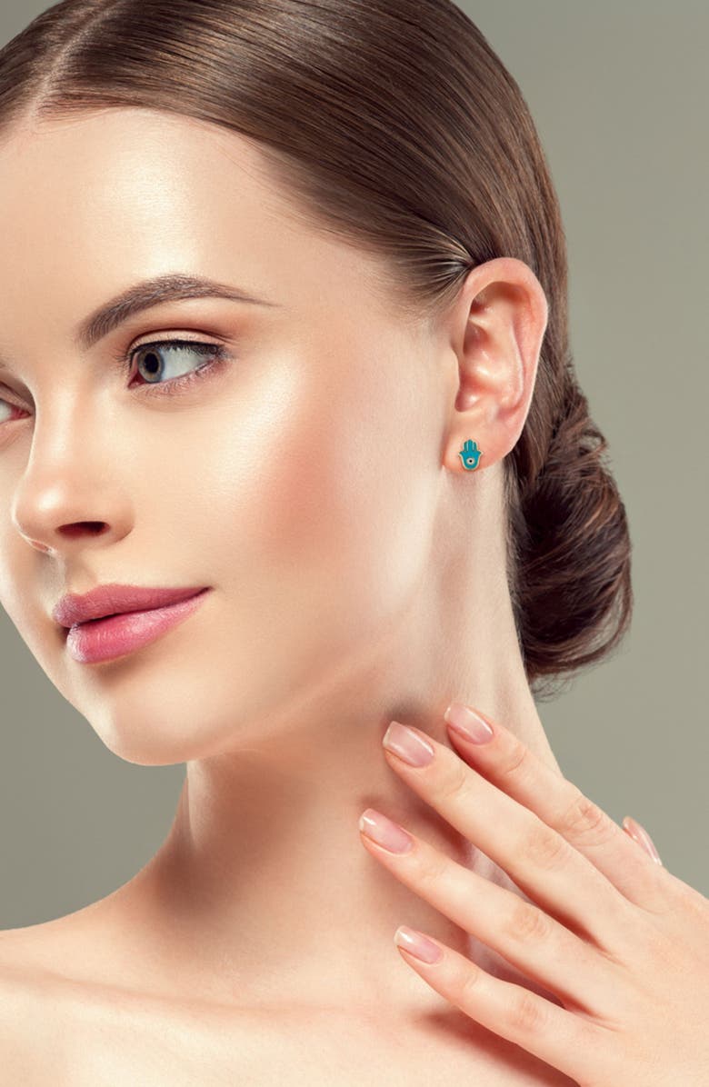 Ember Fine Jewelry 14K Gold Hamsa Stud Earrings, Alternate, color, Gold/ Blue