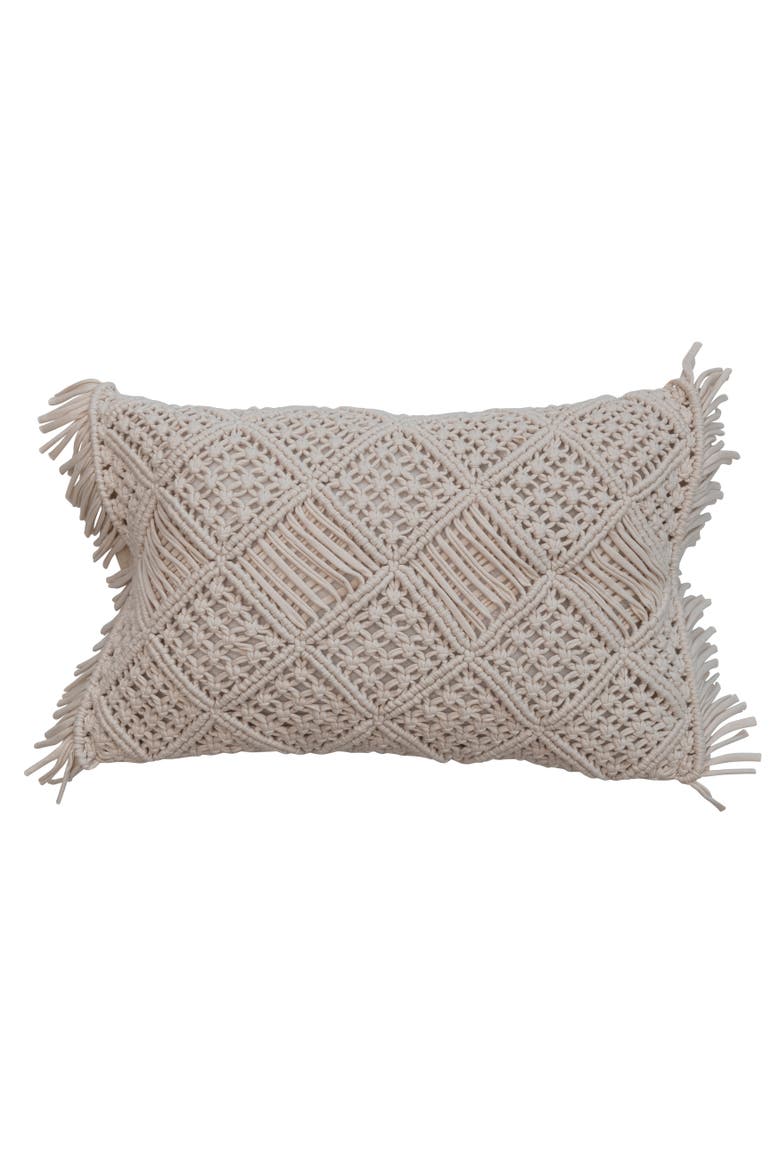 Boho Handwoven Cotton Macramé Lumbar Pillow with Fringe, Main, color, Ivory