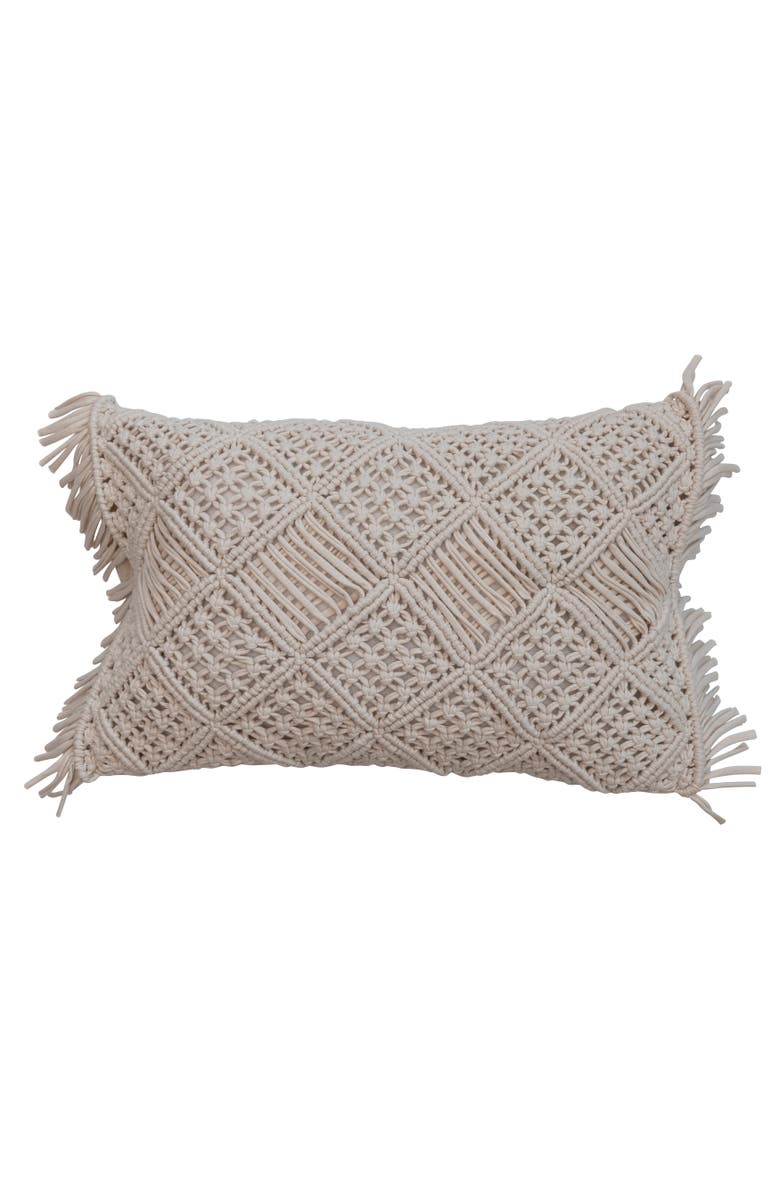 Storied Home Boho Handwoven Cotton Macramé Lumbar Pillow with Fringe, Main, color, Ivory