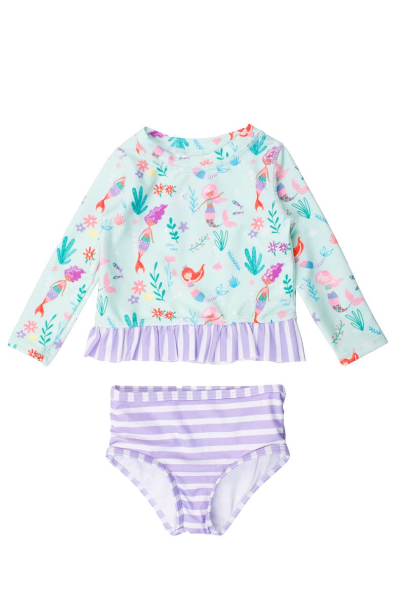 RuffleButts Baby Girls UPF50+ Long Sleeve Rash Guard Bikini, Main, color, Mermaid Princess