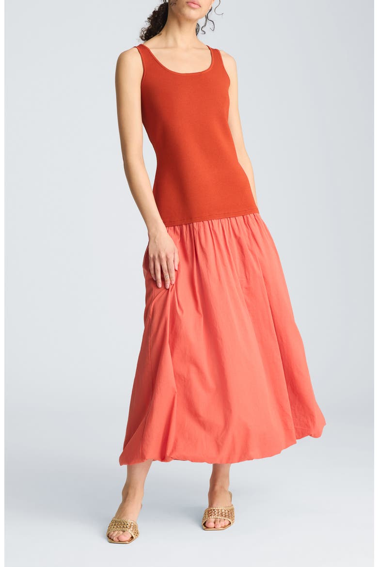Mixed Media Sleeveless Bubble Hem Midi Dress, Main, color, TERRA