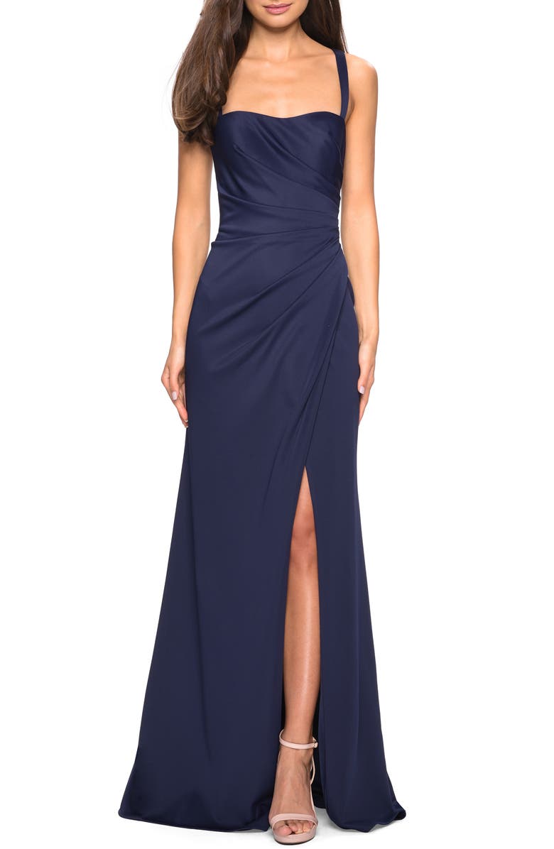 La Femme Ruched Jersey A-Line Gown, Main, color, 