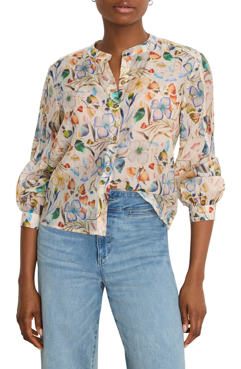 NIC+ZOE Pressed Flower Print Button-Up Shirt, Main, color, Neutral Multi