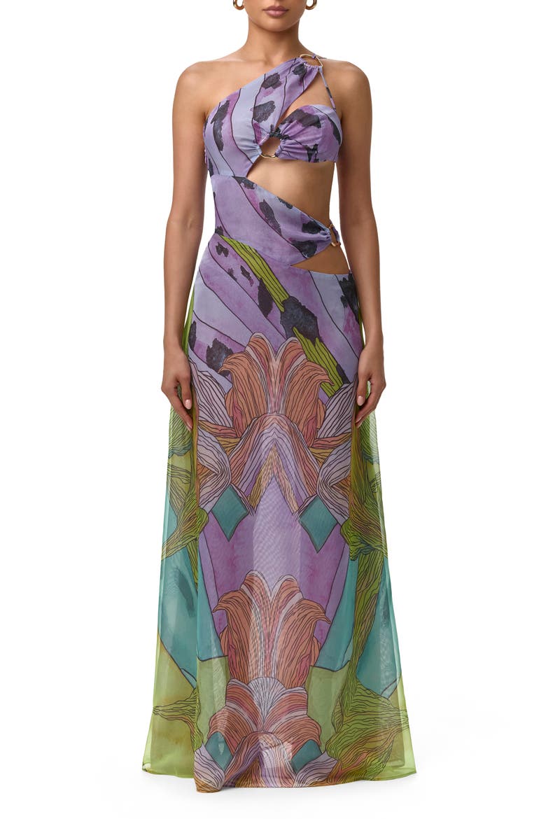 Print Sheer Chiffon Cutout Maxi Dress, Main, color, LETHAL BOTANICAL