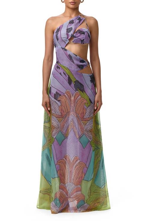 Print Sheer Chiffon Cutout Maxi Dress