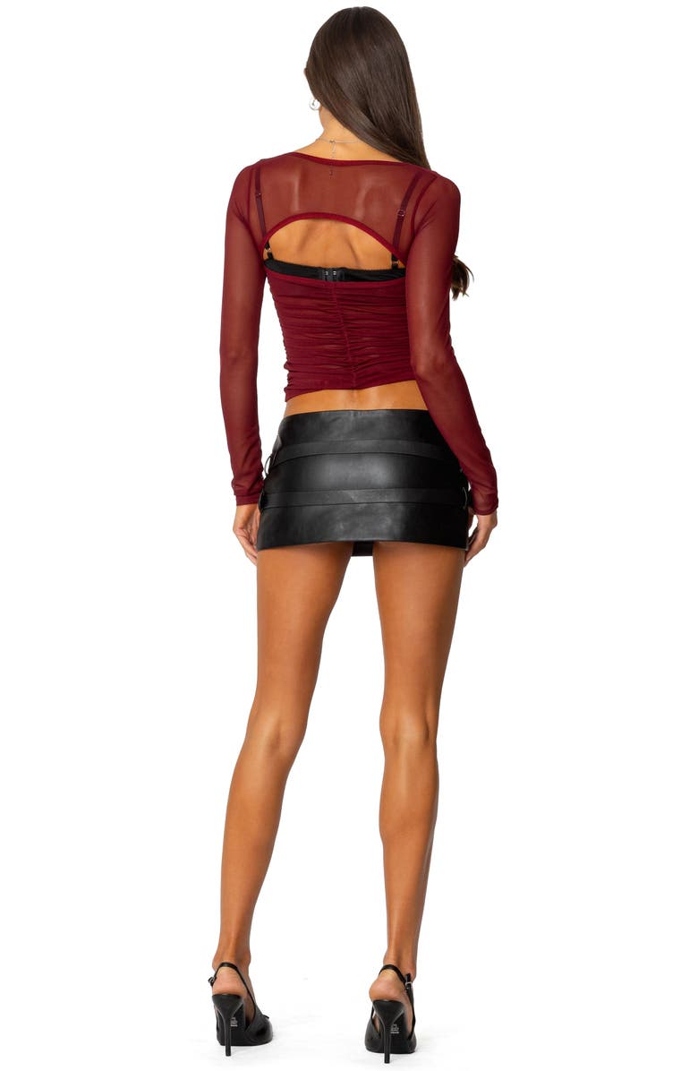 EDIKTED Tristina Semisheer Ruched Cutout Crop Top, Alternate, color, Burgundy