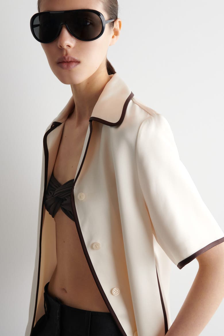 Contrast-piped Satin Shirt, Alternate, color, CREAM / BROWN