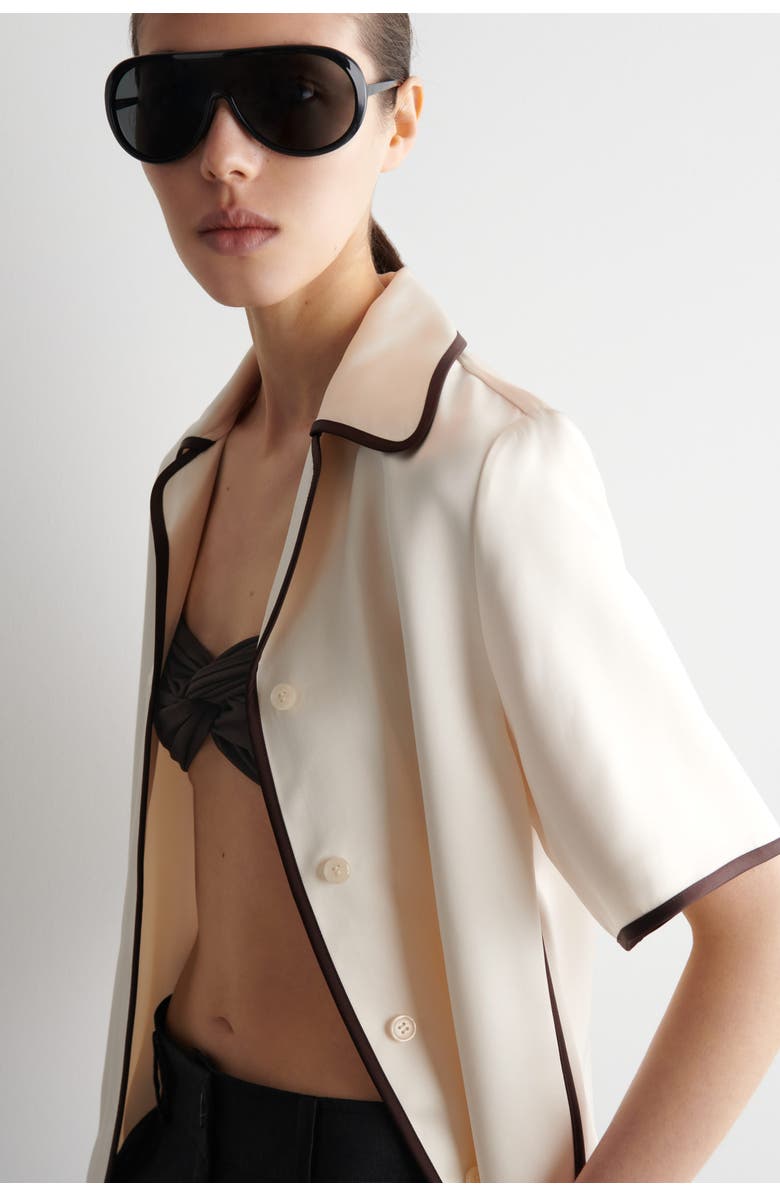 COS Contrast-piped Satin Shirt, Alternate, color, Cream / Brown