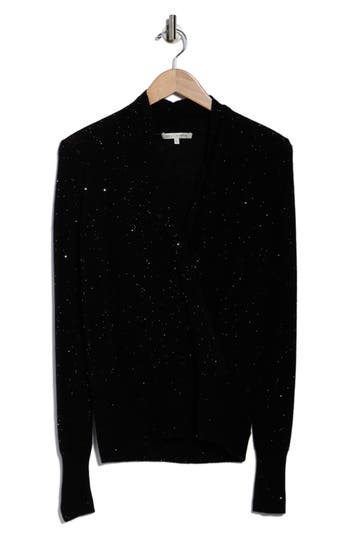 Sofia Cashmere Sequin Faux Wrap Sweater In Black