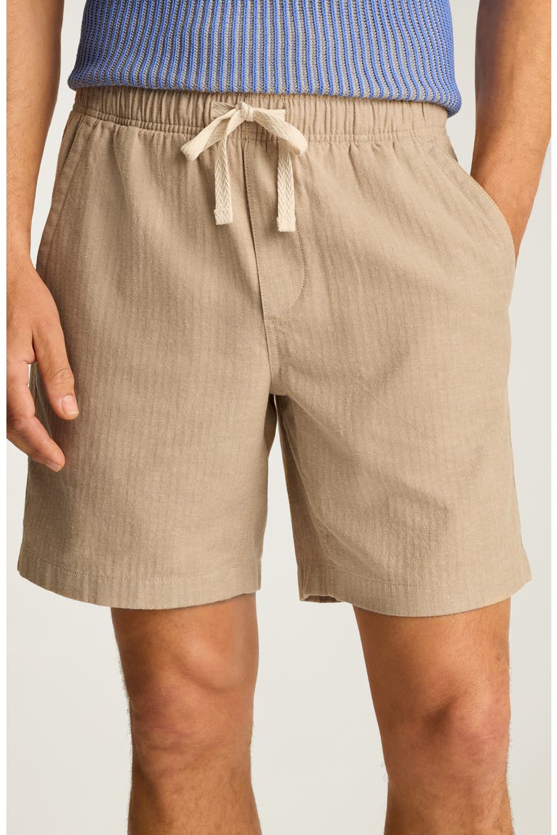 Nomad Drawstring Cotton & Linen Shorts, Main, color, KHAKI HERRINGBONE