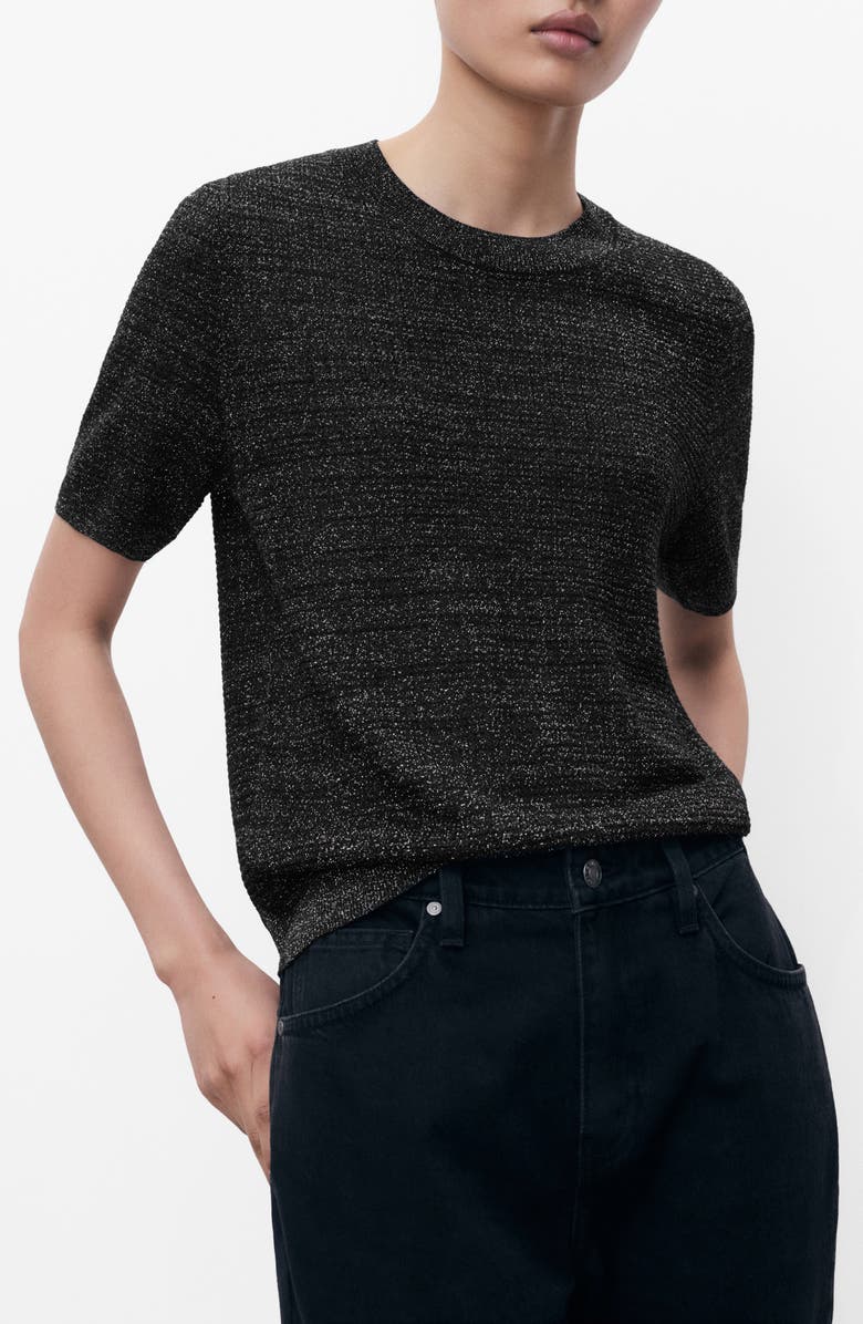 MANGO Short Sleeve Metallic Crewneck Sweater, Main, color, Black