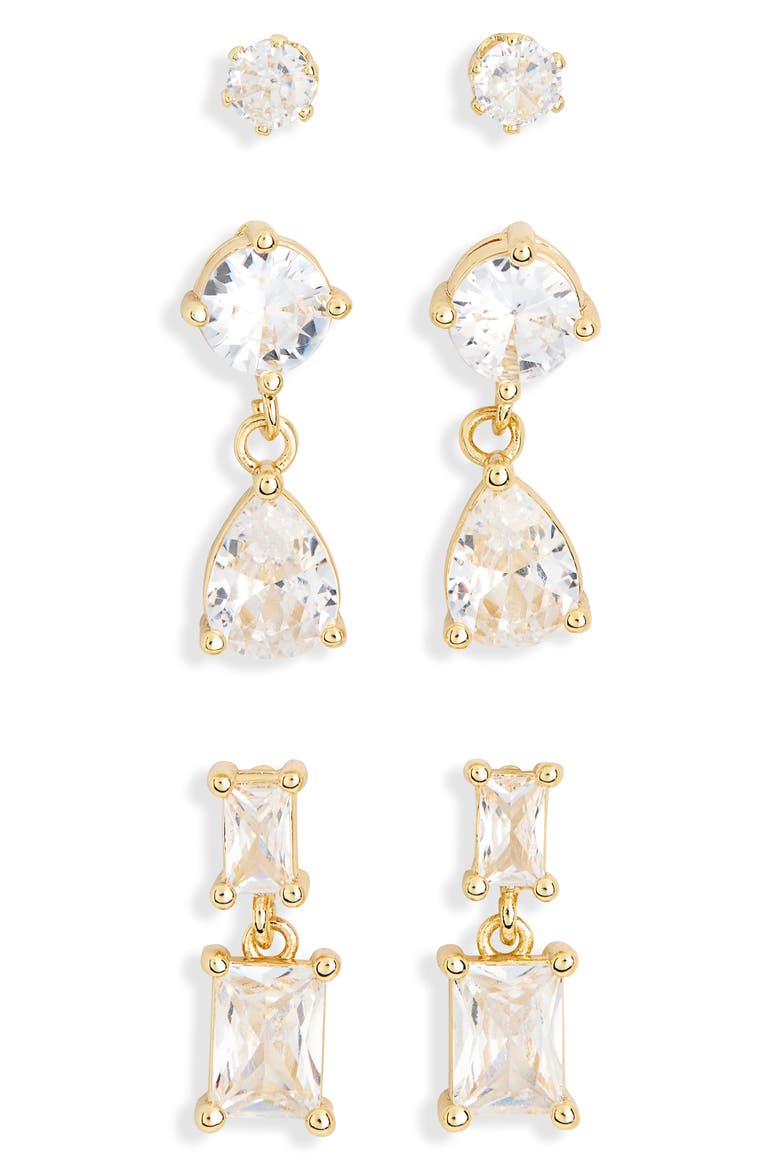3-Pack Stud Earrings, Main, color, CLEAR- GOLD