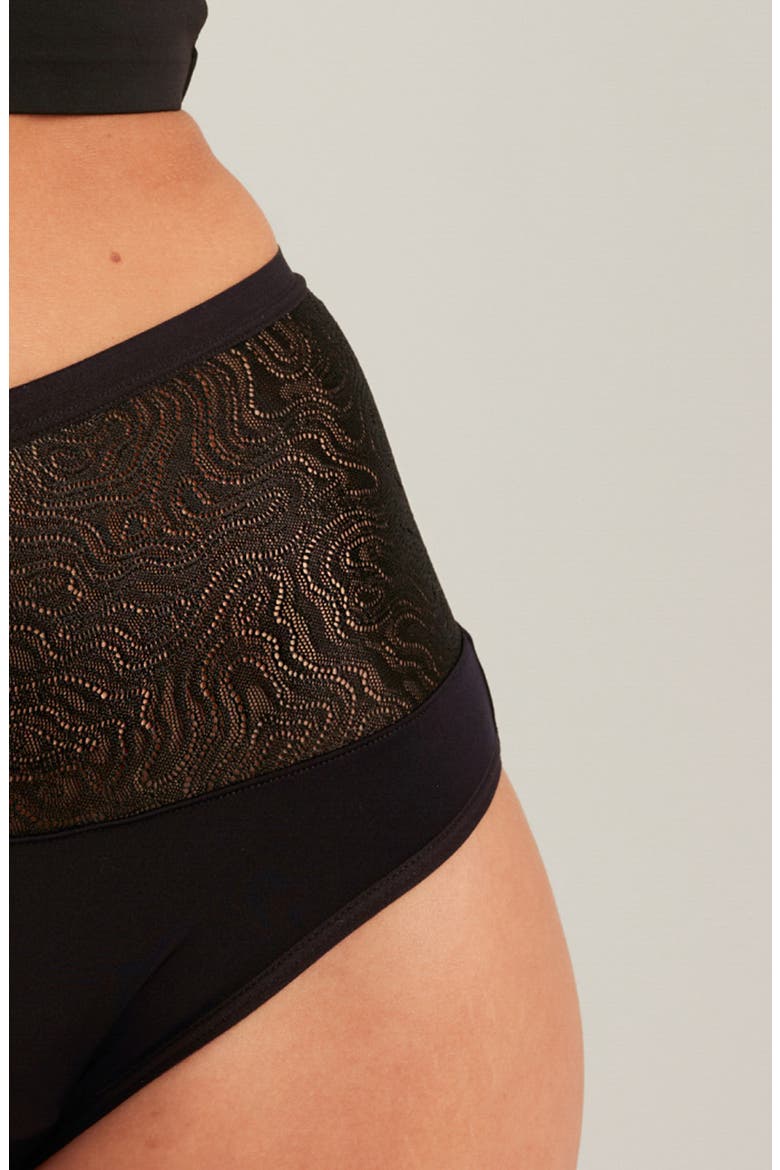 Period & Leakproof Regular Absorbency Lace Panel High Waist Briefs, Alternate, color, VOLCANIC BLACK