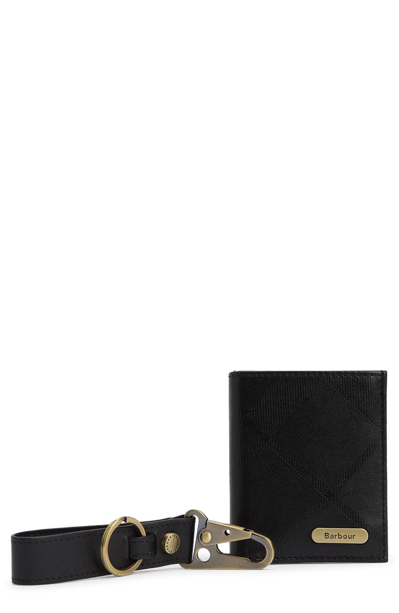 Barbour Brunton Leather Card Case & Key Fob Gift Set, Main, color, Black Tartan Emboss