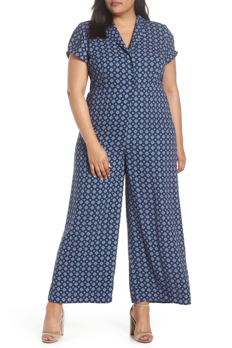 Print Button Front Jumpsuit, Alternate, color, NAVY PEACOAT GEO DOT FOULARD