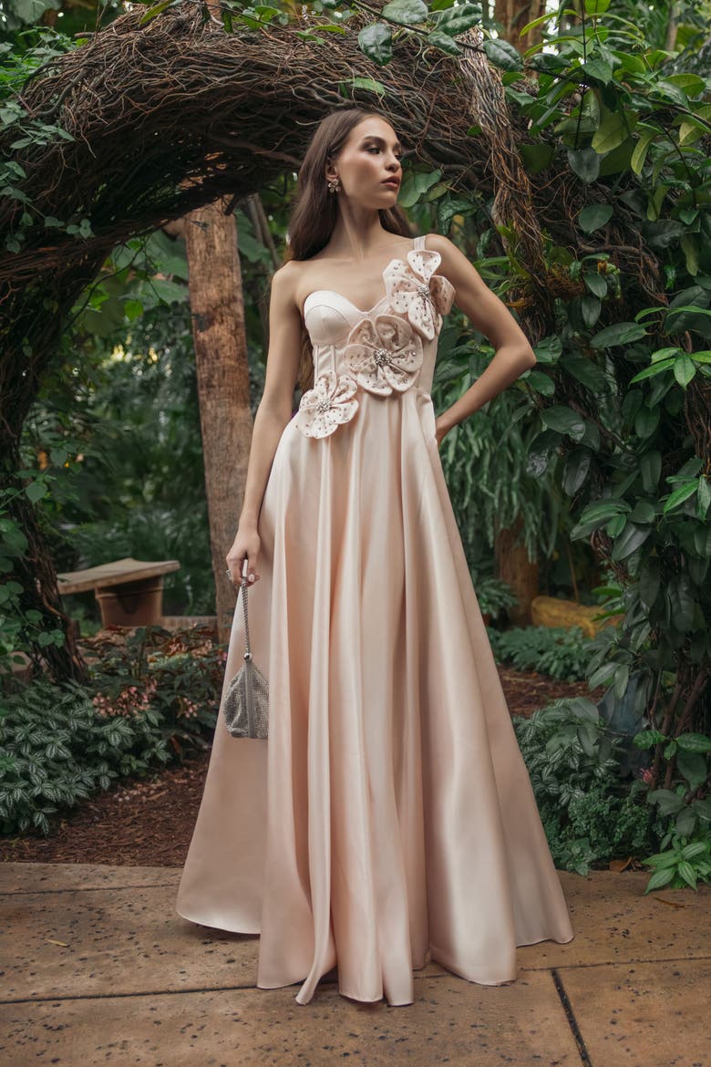 Strapless Satin Bustier Gown With 3D Flowers, Alternate, color, Oyster