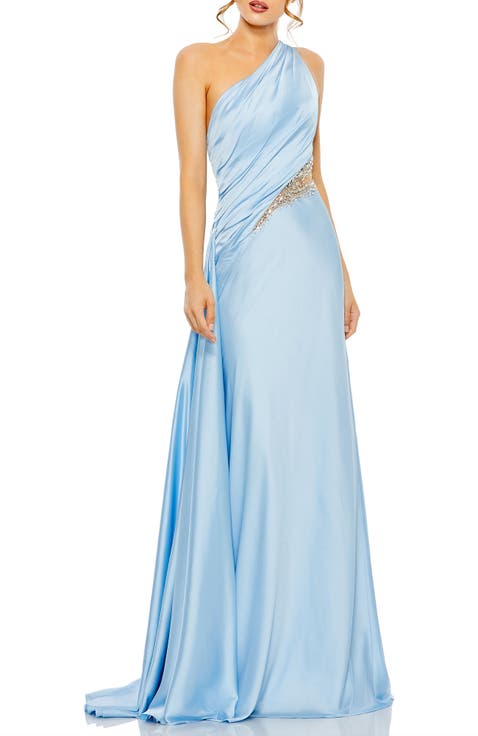 Women's One Shoulder Charmeuse Gown With Beaded Cutout