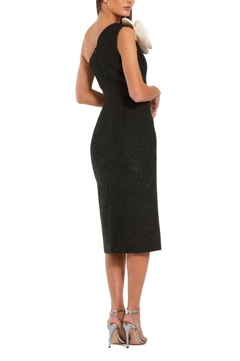 One Shoulder Boucle Midi Dress With 3D Flower, Alternate, color, Black Ivory