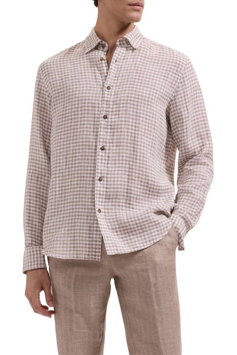 Karl Shaped Fit Gingham Check Linen Button-Up Shirt, Main, color, OLIVE