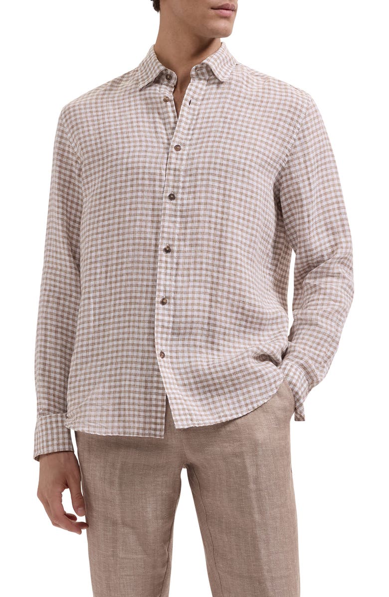 Bugatchi Karl Shaped Fit Gingham Check Linen Button-Up Shirt, Main, color, Olive