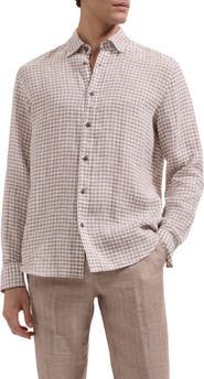 Bugatchi Karl Shaped Fit Gingham Check Linen Button-Up Shirt