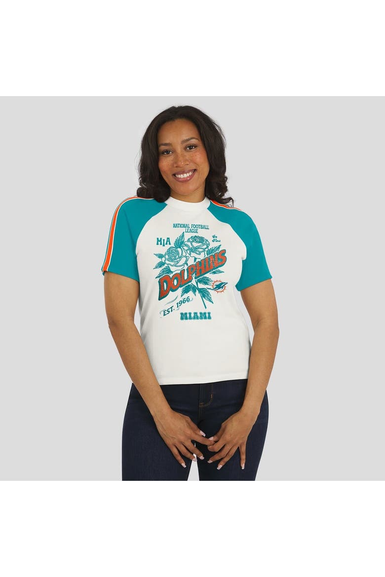 Women's WEAR by Erin Andrews White Miami Dolphins Sleeve Stripe Distressed Raglan T-Shirt, Alternate, color, White