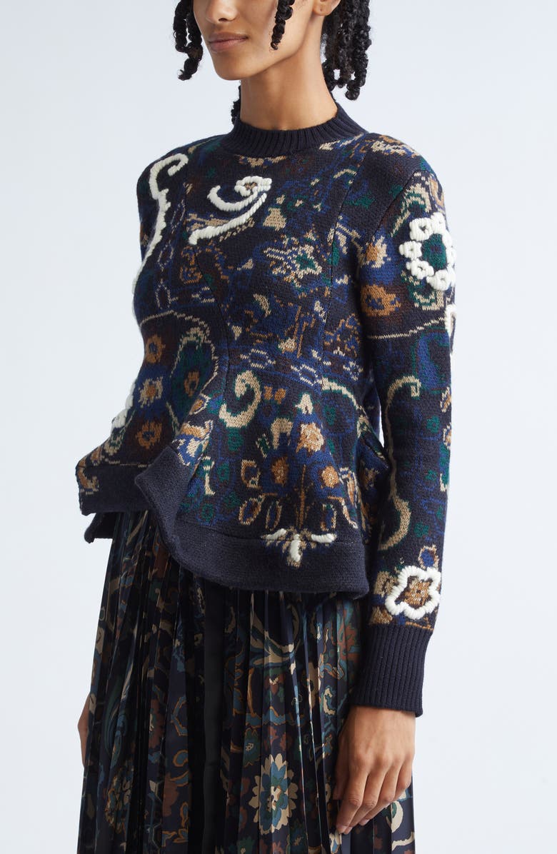 Sacai Floral Jacquard Asymmetric Wool Sweater, Alternate, color, Navy
