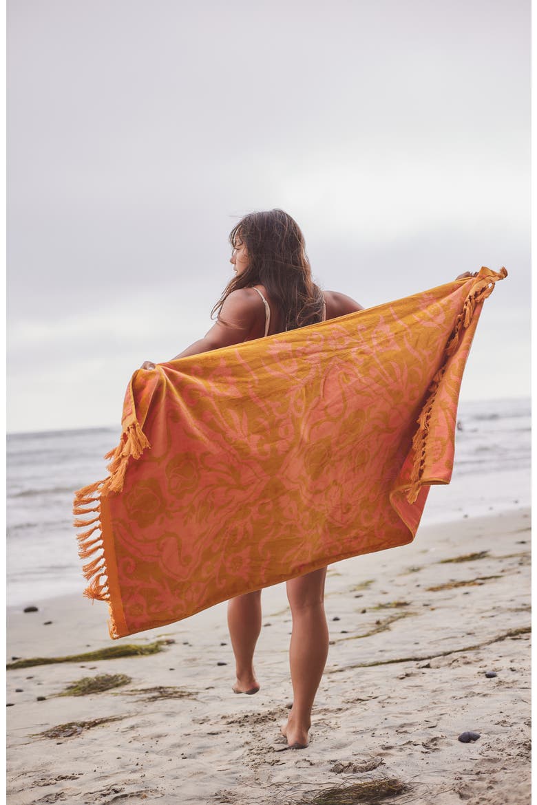 Rosie Tassel Trim Cotton Beach Towel, Alternate, color, ORANGE