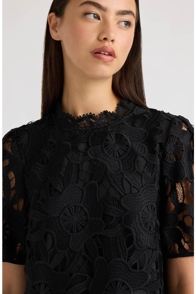 Sequined Lace Top with Puffed Sleeves, Alternate, color, BLACK