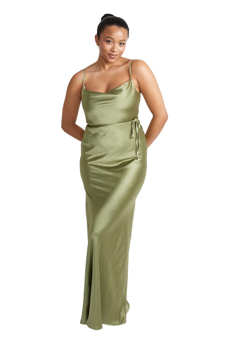 Cami Cowl Front Satin Bridesmaid Dress, Main, color, Moss Green