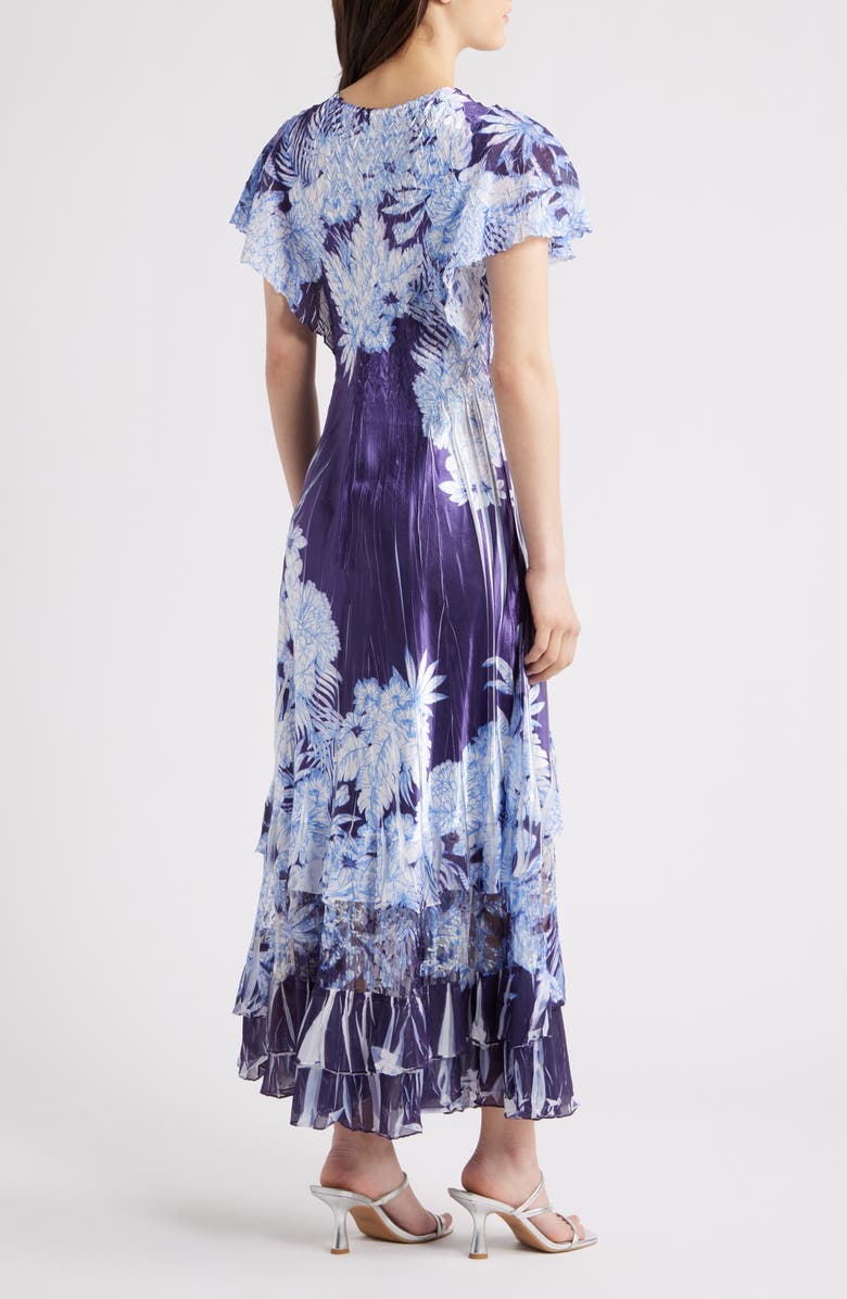 Komarov Flutter Sleeve Charmeuse & Chiffon Maxi Cocktail Dress, Alternate, color, Indigo Tropics