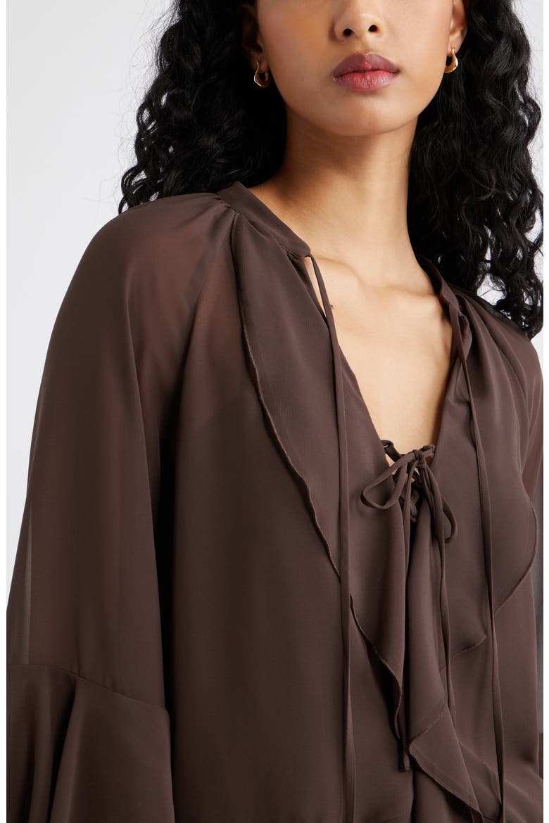 Chiffon Ruffle Trim Top, Alternate, color, BROWN SEAL