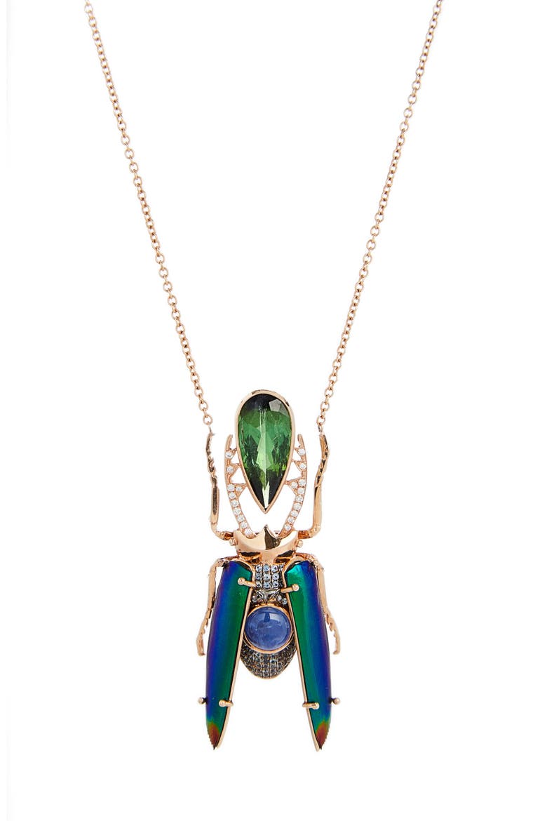 Japanese Jewel Beetle Tourmaline, Sapphire, Diamond & Garnet Pendant Necklace, Main, color, ROSE GOLD