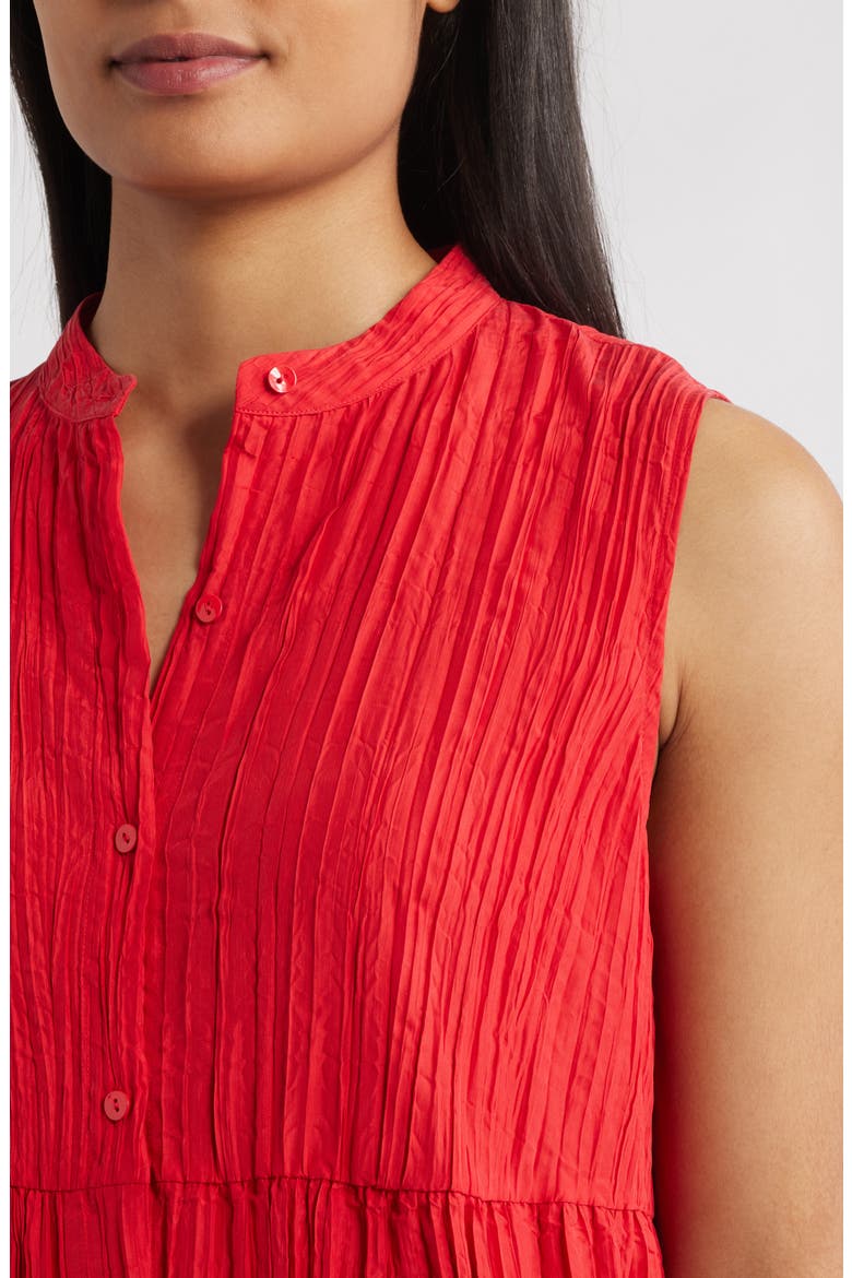 Pleated Sleeveless Silk Shirtdress, Alternate, color, CRIMSON