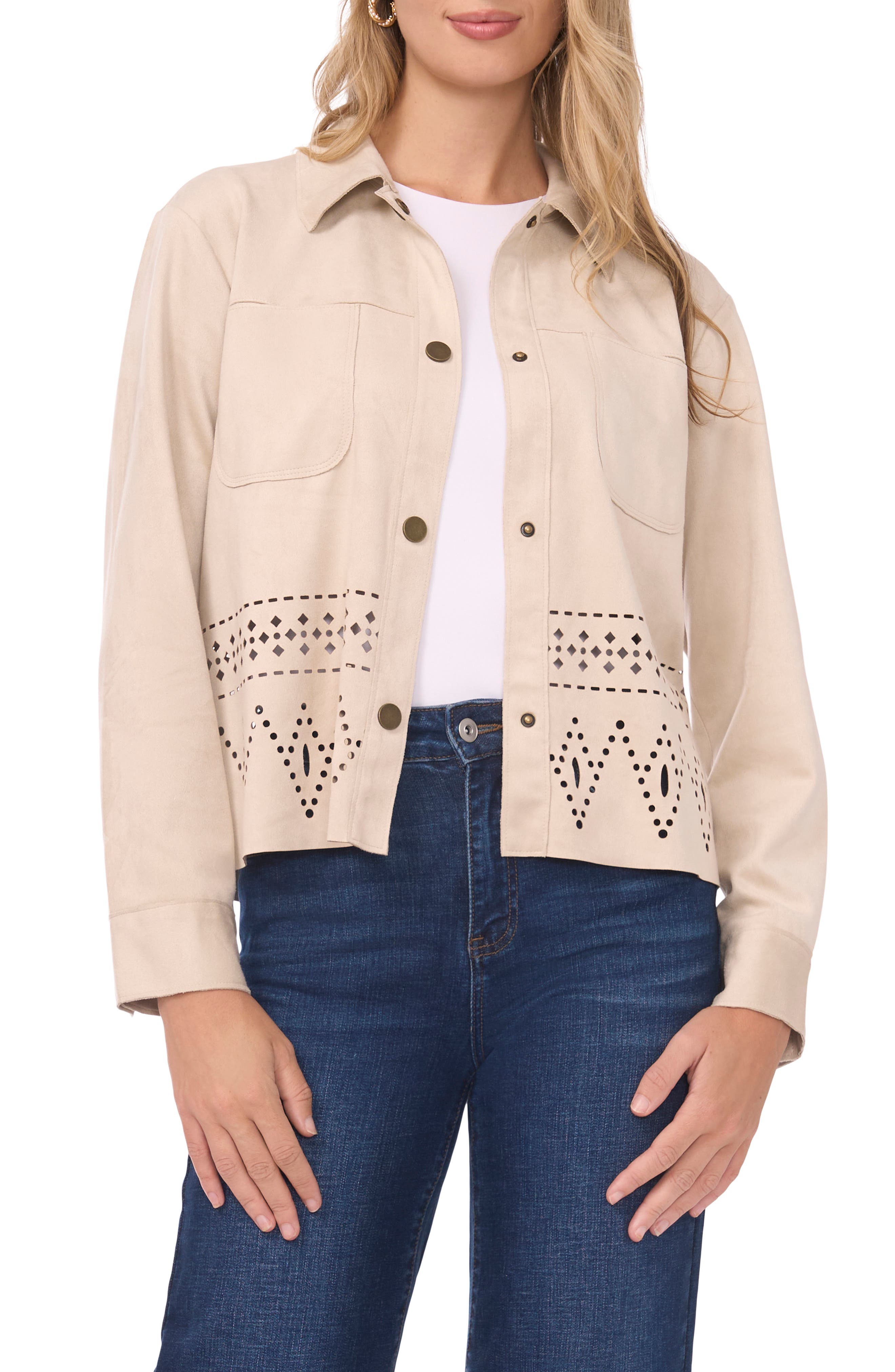 Vince Camuto Eyelet Cutout Hem Faux Suede Jacket
