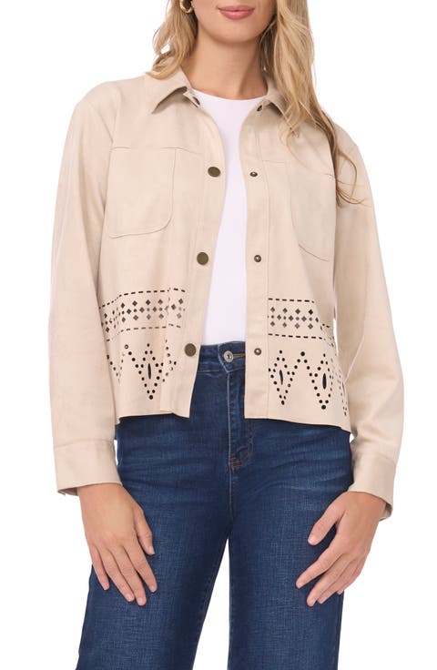 Eyelet Cutout Hem Faux Suede Jacket