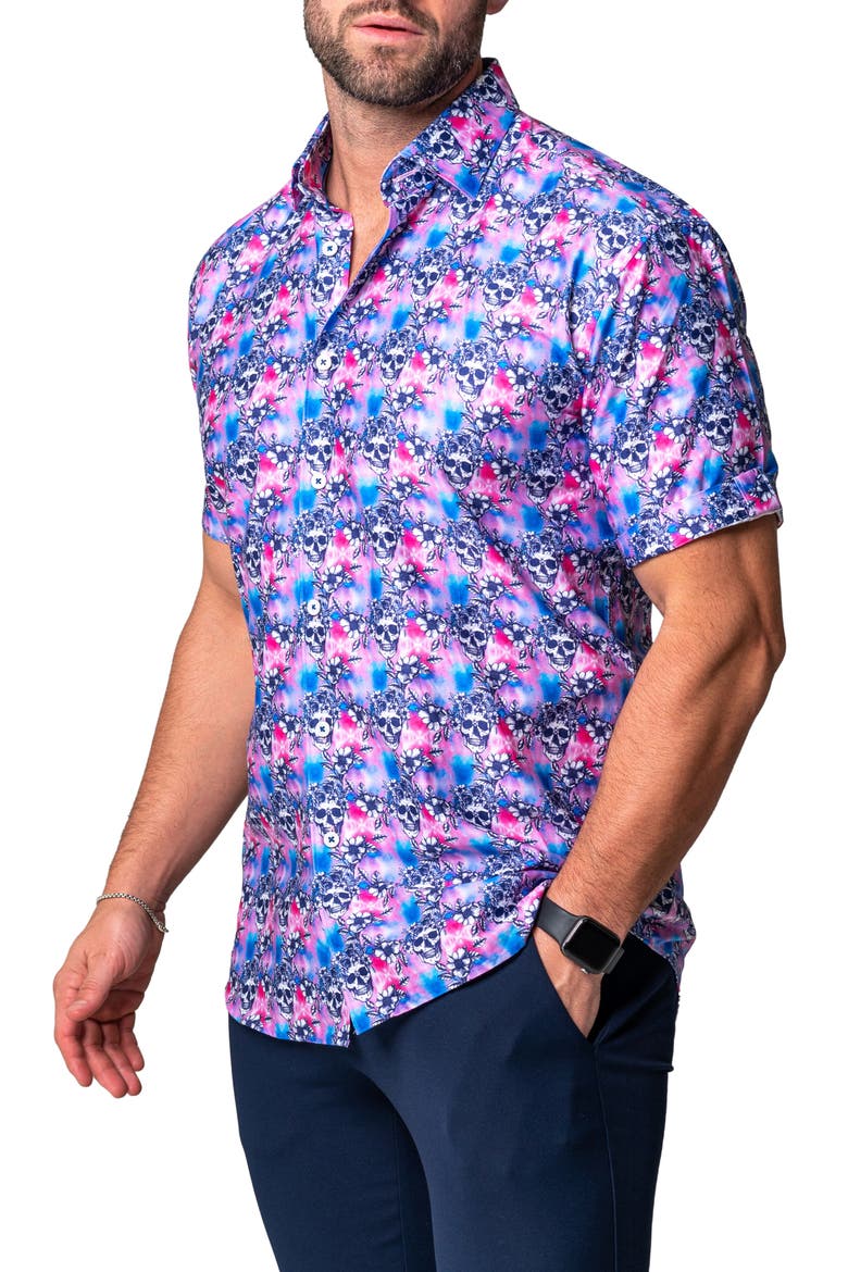 Galileo Flower Skull Regular Fit Short Sleeve Button-Up Shirt, Alternate, color, PINK