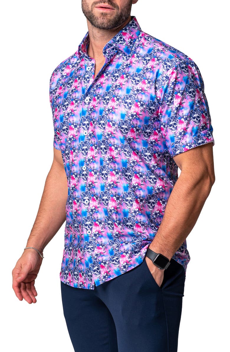 Maceoo Galileo Flower Skull Regular Fit Short Sleeve Button-Up Shirt, Alternate, color, Pink