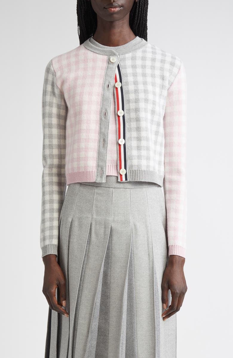 Thom Browne Fun-Mix Gingham Check Bird's Eye Wool Blend Cardigan, Main, color, Seasonal Combo
