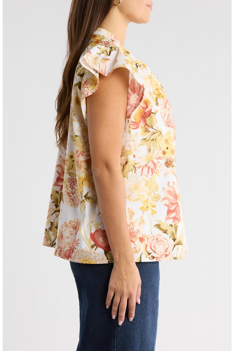 Zury Split Neck Flutter Sleeve Stretch Cotton Top, Alternate, color, CORAL-MULTI