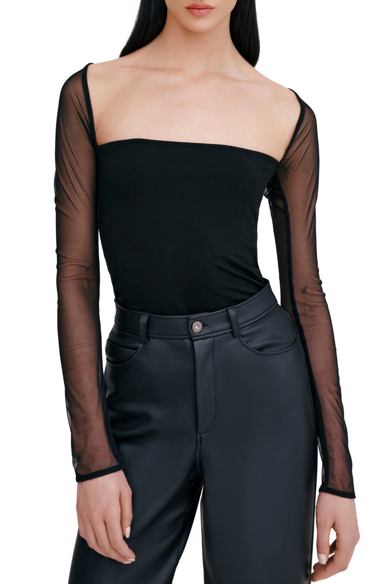 Lucia Long Sleeve Mesh & Jersey Top, Main, color, BLACK