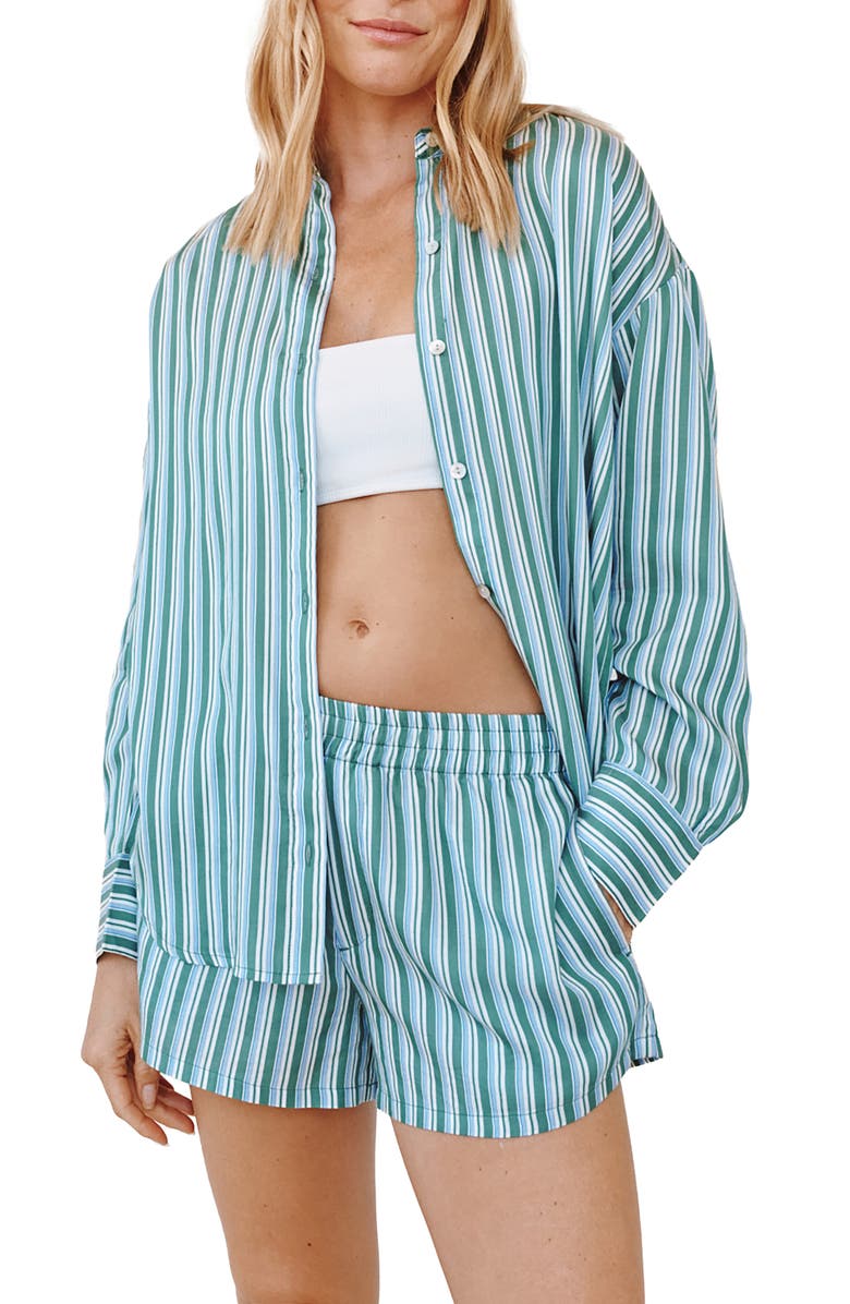 Bella Dahl Stripe Oversize Button-Up Shirt, Main, color, Emerald Stripe