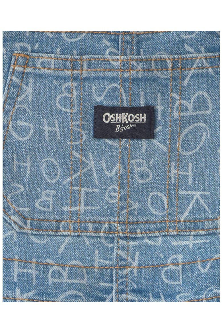 Kids' Alphabet Print Peached Twill Overalls, Alternate, color, DENIM ALPHABET OVERALL