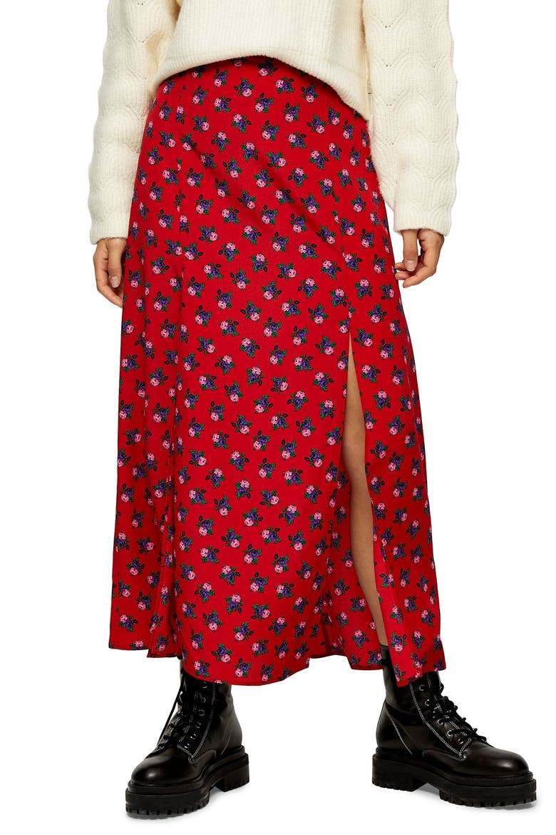 Floral Double Split Midi Skirt, Main, color, RED MULTI
