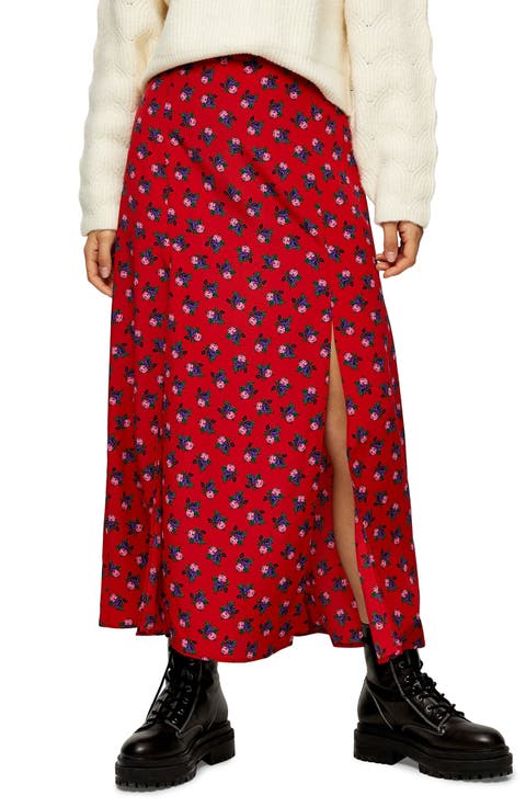 Floral Double Split Midi Skirt