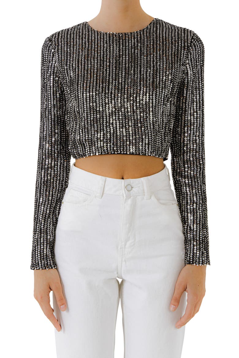 Sequin Open Back Crop Top, Main, color, BLACK